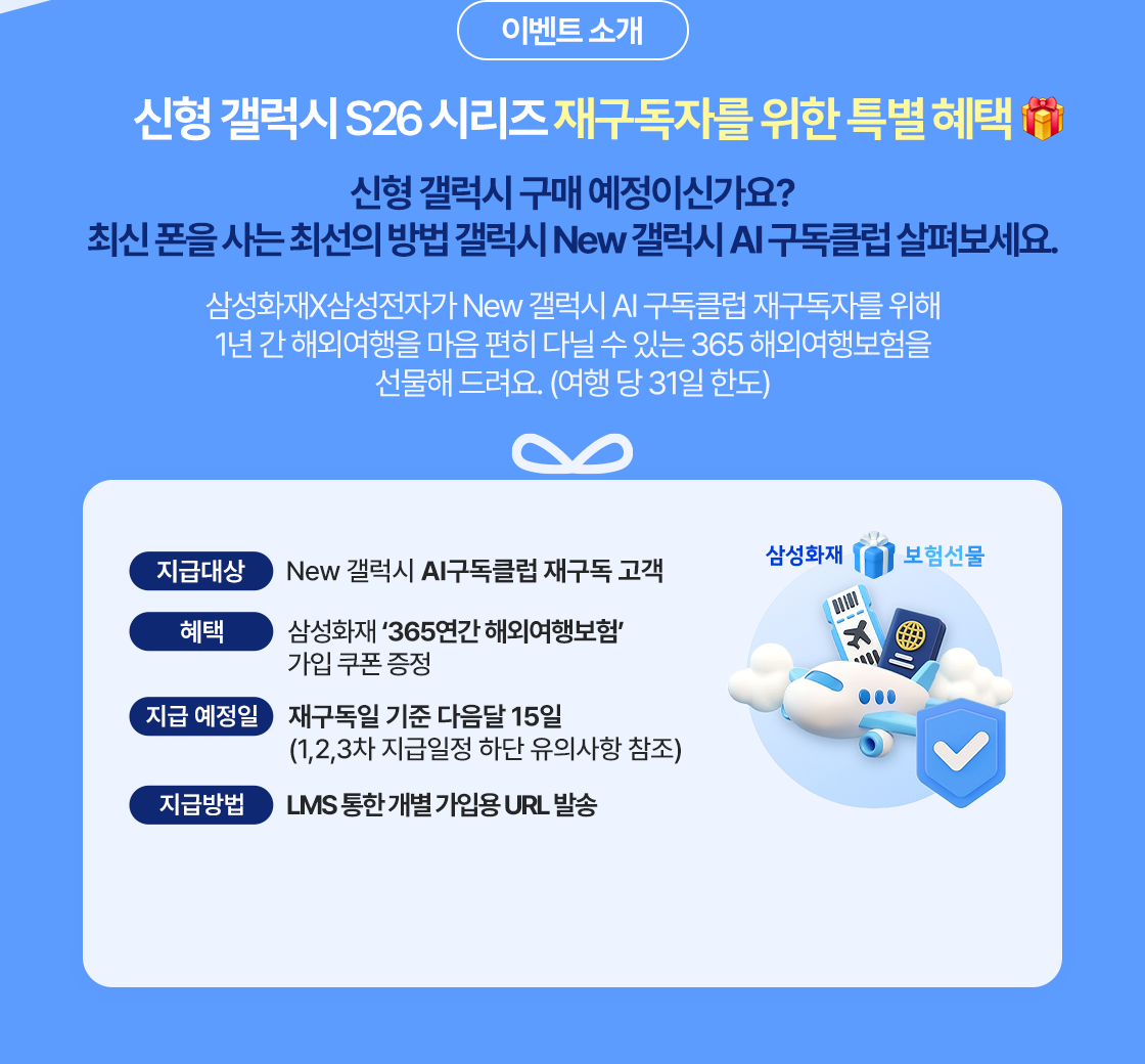 신형 갤럭시 S26 시리즈 재구독자를 위한 특별 혜택 신형 갤럭시 구매 예정이신가요? 최신 폰을 사는 최선의 방법 New 갤럭시 AI 구독클럽 살펴보세요. 삼성화재X삼성전자가 New 갤럭시 AI 구독클럽 재구독자를 위해 1년 간 해외여행을 마음 편히 다닐 수 있는 365 해외여행보험을 선물해 드려요. (여행 당 31일 한도) 삼성화재 보험선물 지급대상 : New 갤럭시 AI 구독클럽 재구독 고객 혜택 : 삼성화재 '365연간 해외여행보험' 가입 쿠폰 증정 지급 예정일 : 재구독일 기준 다음달 15일 (1, 2, 3차 지급일정 하단 유의사항 참조)지급방법 : LMS 통한 개별 가입용 URL 발송